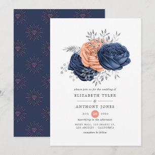 Invitation Mariage floral en corail, bleu marine et argent
