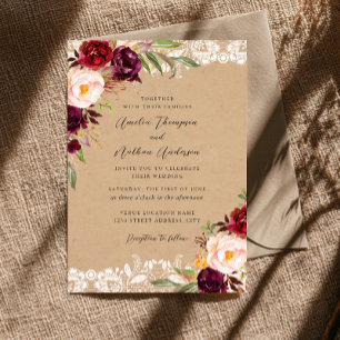 Invitation Mariage Floral en Dentelle Bourguignonne Rustique