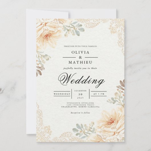 Invitation Mariage Floral en Dentelle de Pêche Douce (Devant)