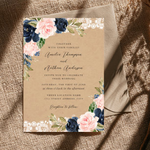 Invitation Mariage Floral en Dentelle Rose Navy Rustique