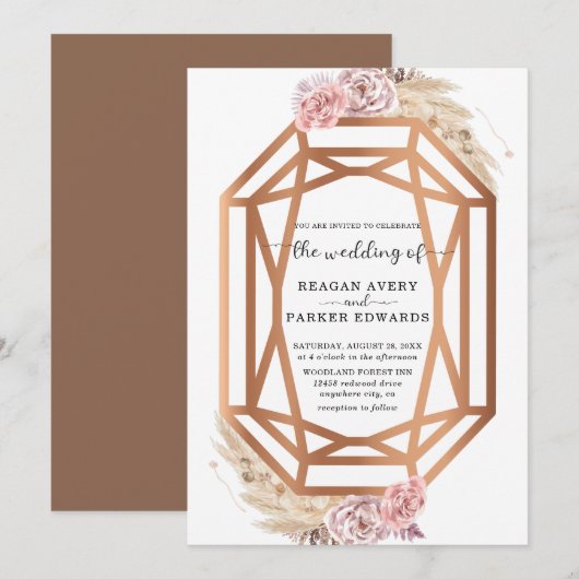 Invitation Mariage Floral en laiton séché en forme de diamant (Devant / Derrière)