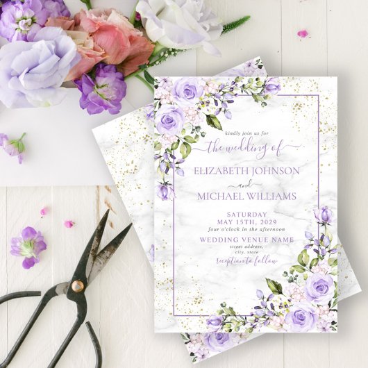 Invitation Mariage floral en marbre doré Lilac Rustique