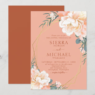 Invitation Mariage floral en terre cuite Blush Peach Crème or