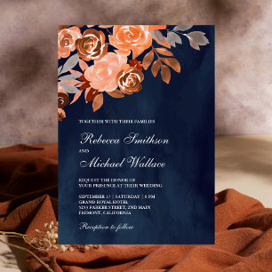 Invitation Mariage Floral en terre cuite rustique bleu marine