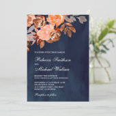 Invitation Mariage Floral en terre cuite rustique bleu marine (Debout devant)