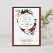 Invitation Mariage floral encadré de Bourgogne, Marine et Blu (Debout devant)