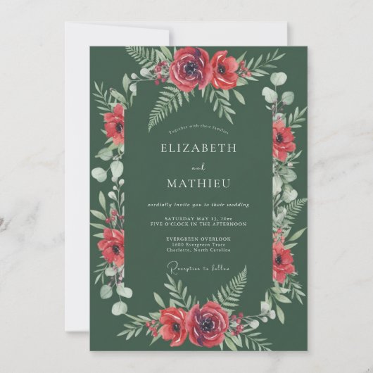 Invitation Mariage Floral Enchanté Vert Foncé (Devant)