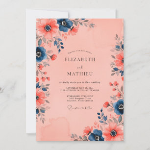 Invitation Mariage Floral Époustouflant Bleu Nuit et Pêche