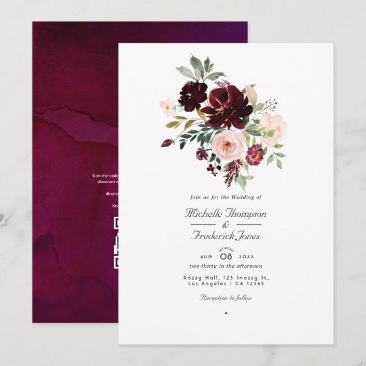 Invitation Mariage Floral et Baie de Bourgogne avec QR Code R (Devant / Derrière)
