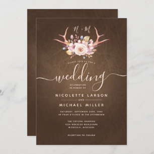 Invitation Mariage Floral et Cuir d'Antler