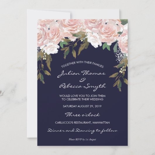 Invitation Mariage floral et verdoyant rose marine (Devant)