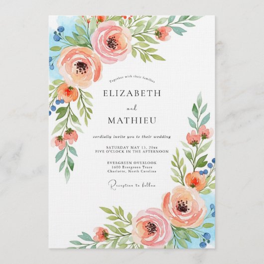 Invitation Mariage Floral Éthéré Abricot (Devant)
