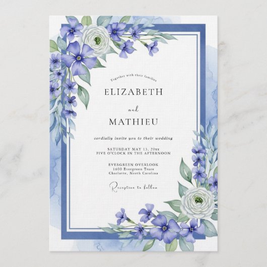 Invitation Mariage Floral Éthéré Bleu (Devant)