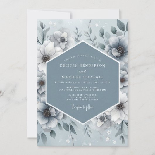 Invitation Mariage Floral Éthéré Bleu Acier (Devant)