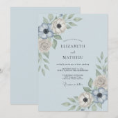 Invitation Mariage Floral Ethéré Bleu Acier (Devant / Derrière)