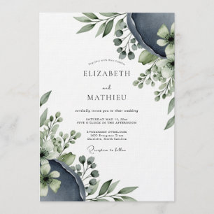 Invitation Mariage Floral Éthéré Bleu Ardoise