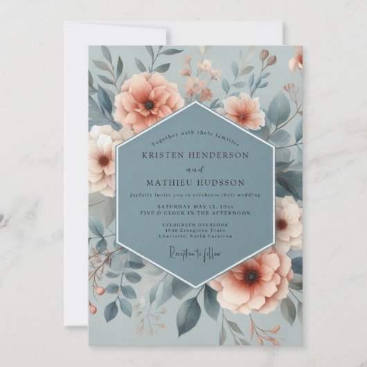 Invitation Mariage Floral Éthéré Bleu Ardoise (Devant)