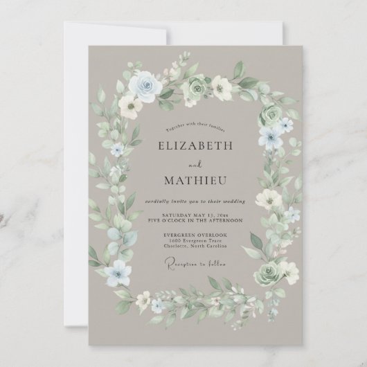 Invitation Mariage Floral Éthéré Bleu Clair (Devant)