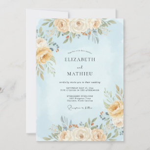 Invitation Mariage Floral Éthéré Bleu Clair