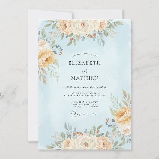 Invitation Mariage Floral Éthéré Bleu Clair (Devant)