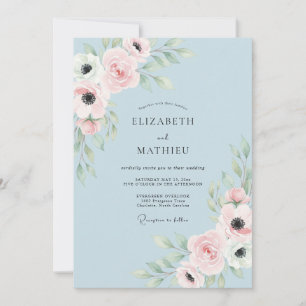 Invitation Mariage Floral Éthéré Bleu Poudre