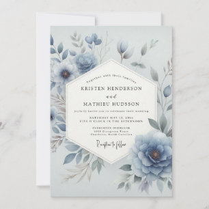 Invitation Mariage Floral Éthéré Bleu Poussiéreux