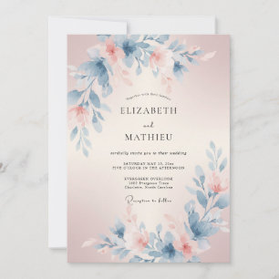 Invitation Mariage Floral Éthéré Bleu Rosé