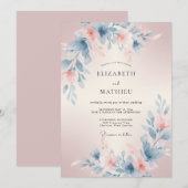 Invitation Mariage Floral Éthéré Bleu Rosé (Devant / Derrière)