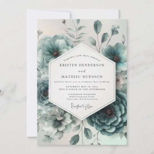 Invitation Mariage Floral Ethéré Bleu Turquoise (Devant)