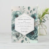Invitation Mariage Floral Ethéré Bleu Turquoise (Debout devant)
