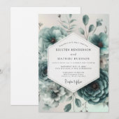 Invitation Mariage Floral Ethéré Bleu Turquoise (Devant / Derrière)