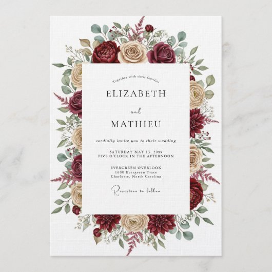 Invitation Mariage Floral Éthéré Bourgogne (Devant)