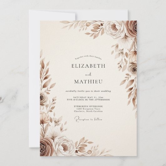 Invitation Mariage Floral Éthéré Brun (Devant)