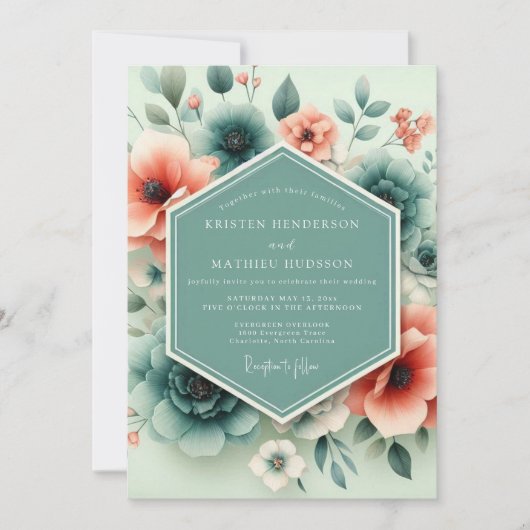 Invitation Mariage Floral Éthéré Corail Sarcelle (Devant)