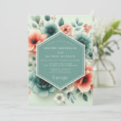 Invitation Mariage Floral Éthéré Corail Sarcelle (Debout devant)
