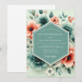 Invitation Mariage Floral Éthéré Corail Sarcelle (Devant / Derrière)
