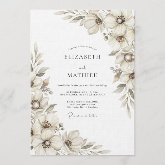 Invitation Mariage Floral Éthéré Crème (Devant)
