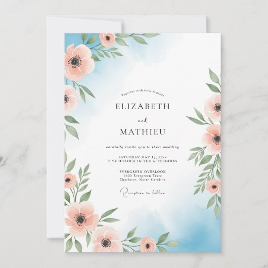 Invitation Mariage Floral Éthéré de Pêche (Devant)