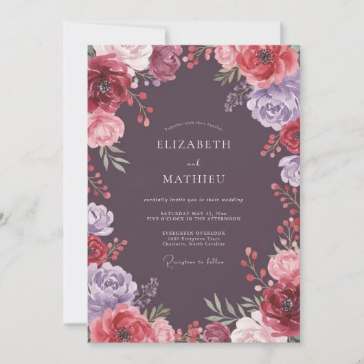Invitation Mariage Floral Éthéré de Prune Profonde (Devant)