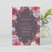 Invitation Mariage Floral Éthéré de Prune Profonde (Debout devant)