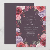Invitation Mariage Floral Éthéré de Prune Profonde (Devant / Derrière)