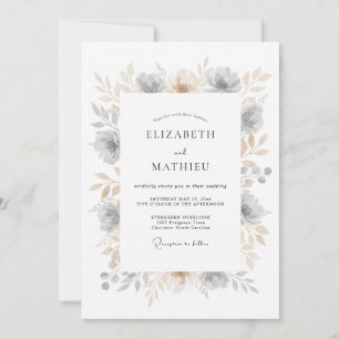Invitation Mariage Floral Éthéré Gris Botanique