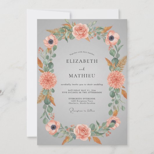 Invitation Mariage Floral Éthéré Gris et Pêche (Devant)