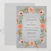 Invitation Mariage Floral Éthéré Gris et Pêche (Devant / Derrière)