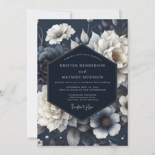 Invitation Mariage Floral Éthéré Navy (Devant)