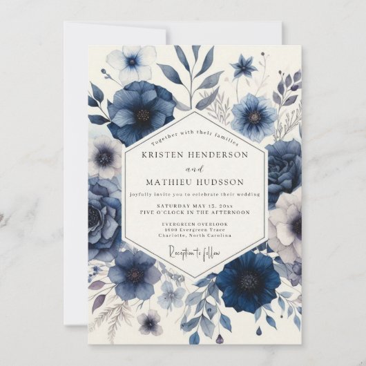 Invitation Mariage Floral Éthéré Navy (Devant)