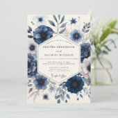 Invitation Mariage Floral Éthéré Navy (Debout devant)