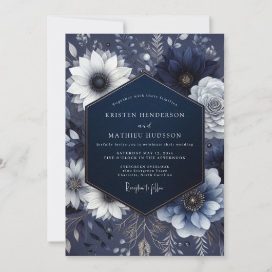 Invitation Mariage Floral Éthéré Navy (Devant)