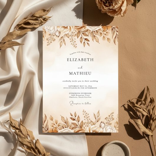 Invitation Mariage Floral Éthéré Ocre