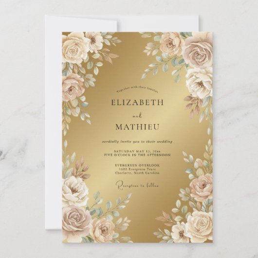 Invitation Mariage Floral Éthéré Or (Devant)